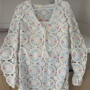 LoveShackFancy White Crochet Dress with Multicolor Accents